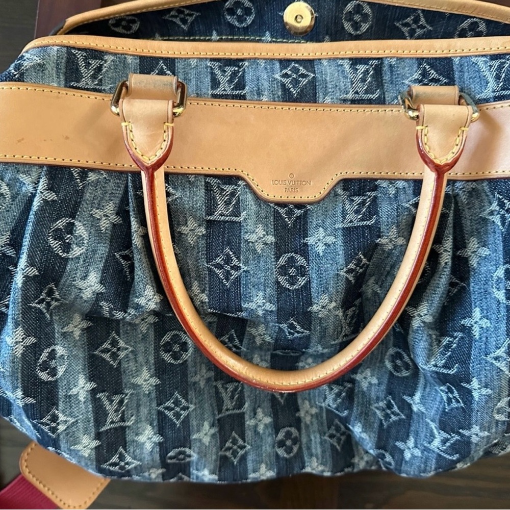 Louis Vuitton Blue Denim and Tan Handbag, 100% Authentic - Picture 5 of 12